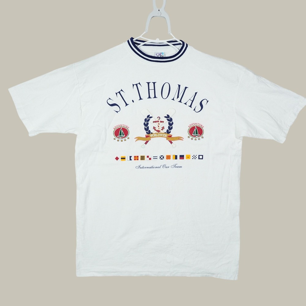 Vintage Cal Cru St Thomas Nautical Ringer T-Shirt Mens Large White USA Made